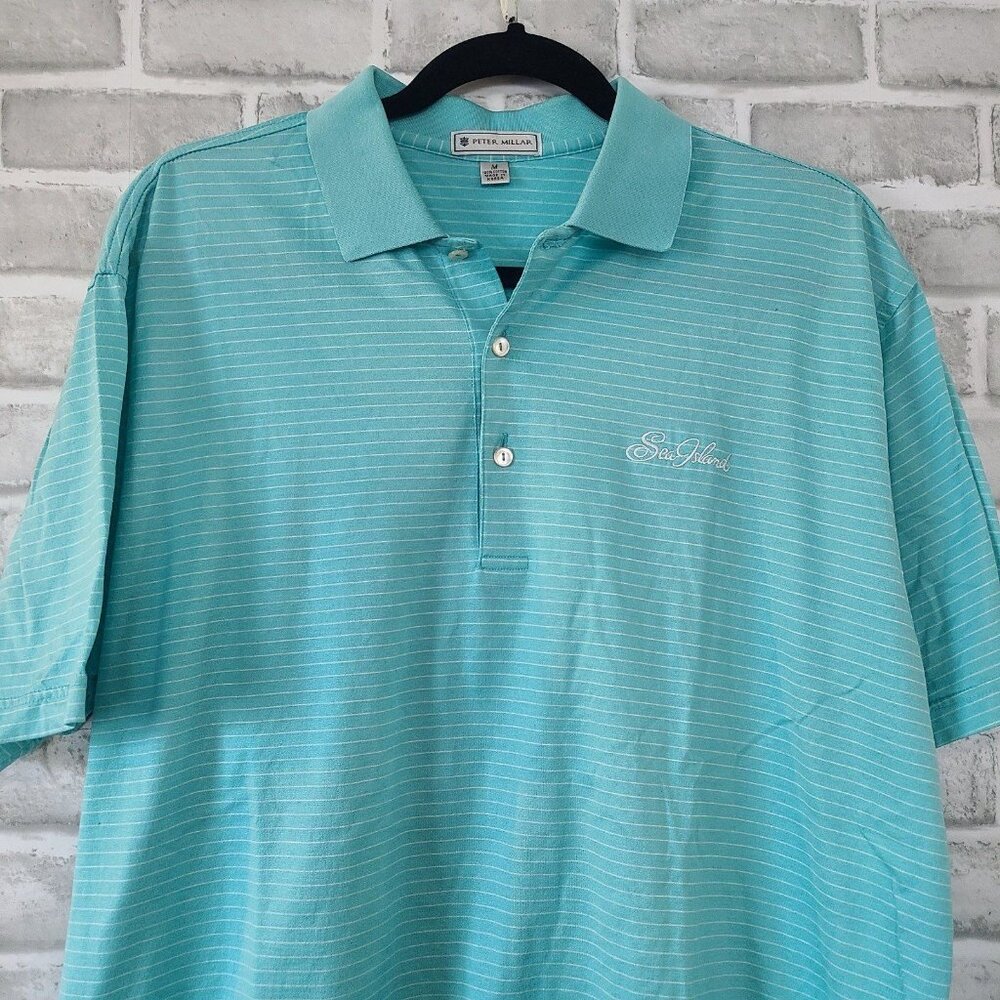 Peter Millar Sea Island Embroidered Striped Golf Polo Shirt Teal Blue Medium - Picture 7 of 7